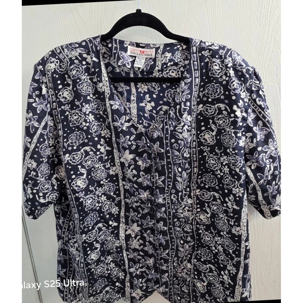 Vtg Stunt Collection SILK womens Blue Floral Short Sleeve Button Up Shirt 2X